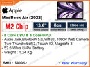 Apple MacBook Air (2022) (Apple M2 Chip with 8Core CPU, 8Core GPU, 8GB, 256GB, 13.6", Weight 1.24 Kg)