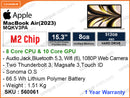 Apple MacBook Air (2023) (Apple M2 Chip with 8 Core CPU, 10Core GPU, 8GB, 512GB, 15.3", Weight 1.51 Kg)