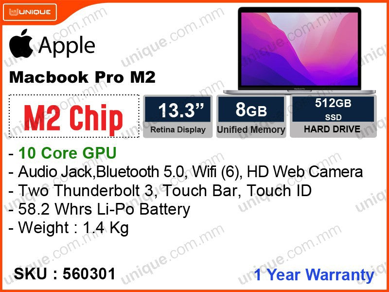 Apple MacBook Pro (2022) MNEJ3Z Space Gray (Apple M2 Chip with 8Core CPU, 10Core GPU, 8GB, 512GB, 13", Weight 1.4 Kg)