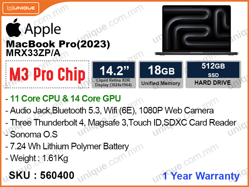 Apple MacBook Pro (2023) MRX33ZP/A Space Black (Apple M3 Pro Chip with 11 Core CPU, 14 Core GPU, 18GB, 512GB, 14", Weight 1.61 Kg)