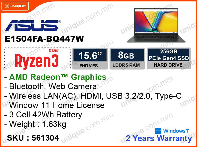 ASUS Vivobook E1504FA-BQ447W Mixed Black (AMD Ryzen 3-7320U, 8GB DDR5 5500MHz, PCIe SSD 256GB, Window 11, 15.6" FHD VIPS 1920x1080, Weight 1.63 Kg)