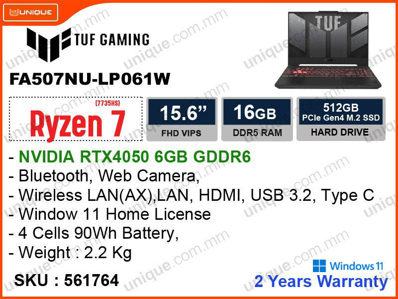 TUF FA507NU-LP061W Jaeger Gray (AMD Ryzen7-7735HS, 16GB DDR5 4800MHz, PCIe M.2 SSD 512GB, Nvidia RTX4050 6GB GDDR6, Window 11, 15.6" FHD VIPS Panel, Weight 2.2 Kg)