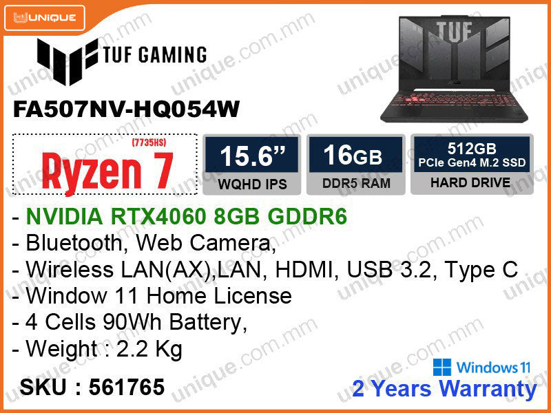 TUF FA507NV-HQ054W Jaeger Gray (AMD Ryzen7-7735HS, 16GB DDR5 4800MHz (1 slot free), PCIe Gen4 SSD 512GB (M2 PCIe Slot Free), Nvidia RTX4060 8GB GDDR6, Window 11, 16" WQHD 2560x1440 165Hz IPS Level Panel, Weight 2.2 Kg)
