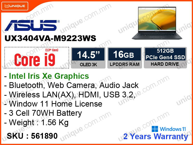 ASUS Zenbook UX3404VA-M9223WS Inkwell Grey (Intel Core i9-13900H, 16GB DDR5 6400MHz, PCIe Gen 4 SSD 512GB, Window 11, 14.5"OLED 3K 2880x1800, Weight 1.56 Kg)