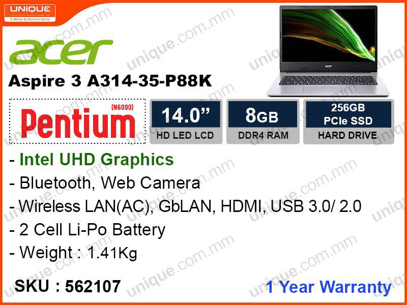 acer Aspire 3 A314-35-P88K Pure Silver (Intel Pentium N6000, 8GB DDR4 3200MHz, PCIe M.2 SSD 256GB, 14" HD, Weight 1.41 Kg)