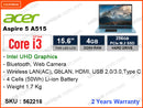 acer Aspire 5G A515-57G-33V4 Glacier Blue (Intel Core i3-1215U, 4GB DDR4 3200MHz, PCIe M.2 SSD 256GB, Nvidia Geforce MX550 2GB, 15.6" FHD, Weight 1.7 Kg)