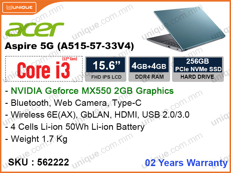 acer Aspire 5G A515-57G-33V4 Glacier Blue (Intel Core i3-1215U, 4GB DDR4 3200MHz + 4GB DDR4 3200MHz, PCIe M.2 SSD 256GB, Nvidia Geforce MX550 2GB, 15.6" FHD, Weight 1.7 Kg)