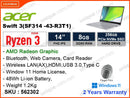 acer Swift 3 SF314-43-R3T1 Pure Silver (AMD Ryzen 3-5300U, 8GB DDR4 3200MHz, PCIe M.2 SSD 256GB, Window 11, 14" FHD, Weight 1.2 Kg)