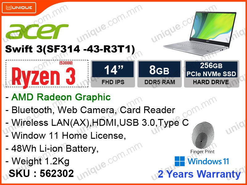 acer Swift 3 SF314-43-R3T1 Pure Silver (AMD Ryzen 3-5300U, 8GB DDR4 3200MHz, PCIe M.2 SSD 256GB, Window 11, 14" FHD, Weight 1.2 Kg)