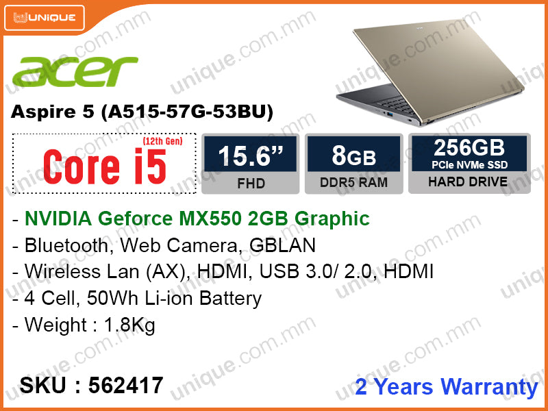 acer Aspire 5G A515-57G-53BU Safari Gold (Intel Core i5-1235U, 8GB DDR4 3200MHz, PCIe M.2 SSD 256GB, Nvidia Geforce MX550 2GB, 15.6" FHD, Weight 1.8 Kg)