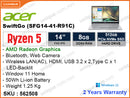 acer Swift Go SFG14-41-R91C Pure Silver (AMD Ryzen5-7530U, 8GB DDR4X, PCIe M.2 SSD 512GB, Window 11, 14" FHD IPS, Weight 1.25 Kg)