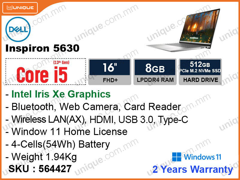 Dell Inspiron 5630 Platinum Silver (Intel Core i5-1335U, 8GB DDR5 5200MHz, PCIe M.2 SSD 512GB, Window 11, 16" FHD+ 1920x1200, Weight 1.94 Kg)