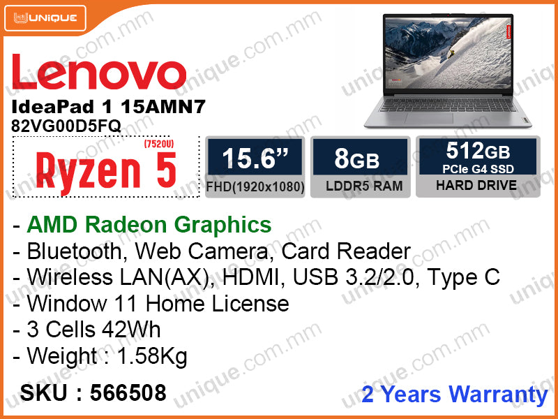 Lenovo Ideapad 1 15AMN7 82VG00D5FQ Cloud Gray (AMD Ryzen 5 7520U, 8GB DDR5 5500MHz, PCIe M2 SSD 512GB, Window 11, 15.6" FHD 1920x1080, Weight 1.58 Kg)