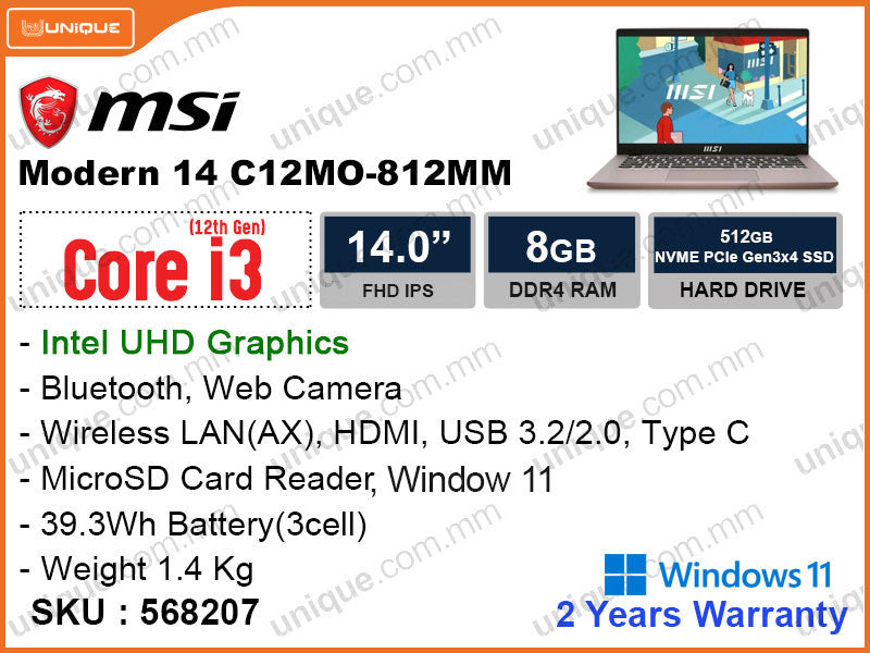 msi Modern 14 C12MO-812MM Beige Rose ( Intel Core i3 1215G4, 8GB DDR4 3200MHz , PCIe M.2 SSD 512GB, Window 11, 14" FHD IPS 1920x1080 weight 1.4kg )