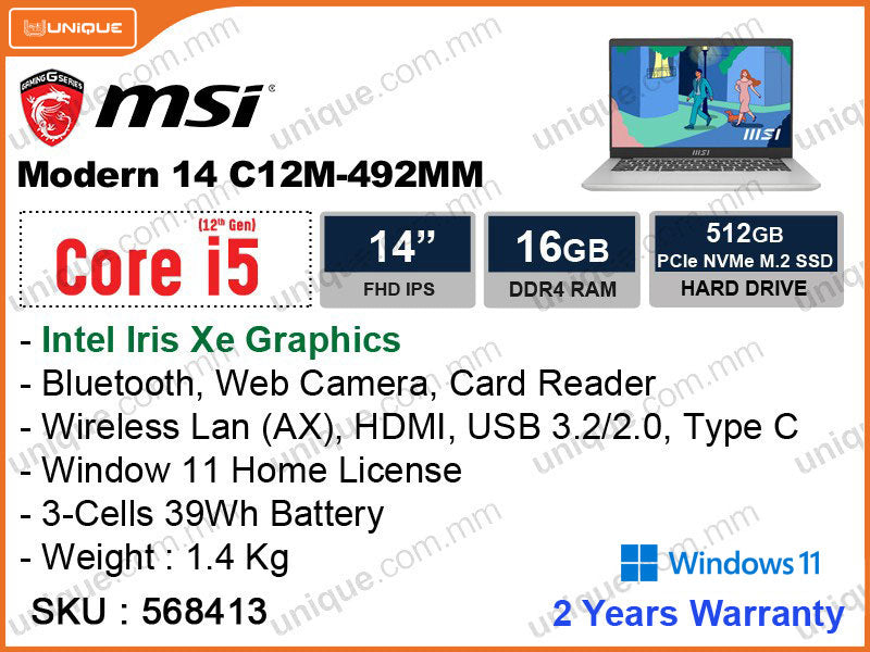 msi Modern 14 C12M-492MM Urban Silver (Intel Core i5-1235U, 16GB DDR4 3200MHz, PCIe M.2 SSD 512GB, Window 11, 14" FHD IPS 1920x1080, Weight 1.4kg)