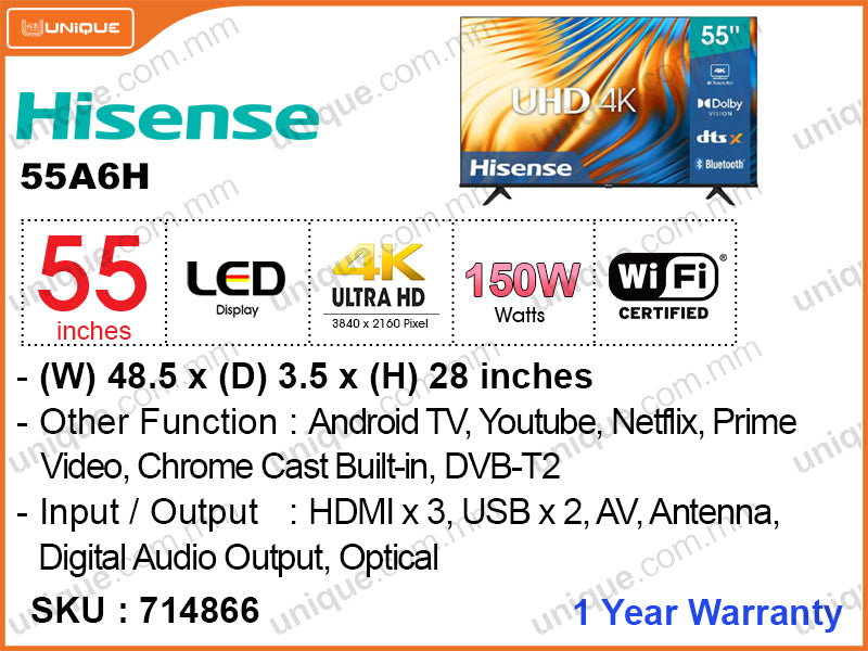 Hisense 55" LED UHD 4K Google TV 55A6H