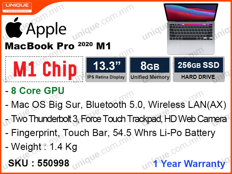 Apple MacBook Pro 2020 256GB(Apple M1 Chip 8-Core CPU,8 Core GPU, 8GB, 256GB, 13", Weight 1.4 Kg)