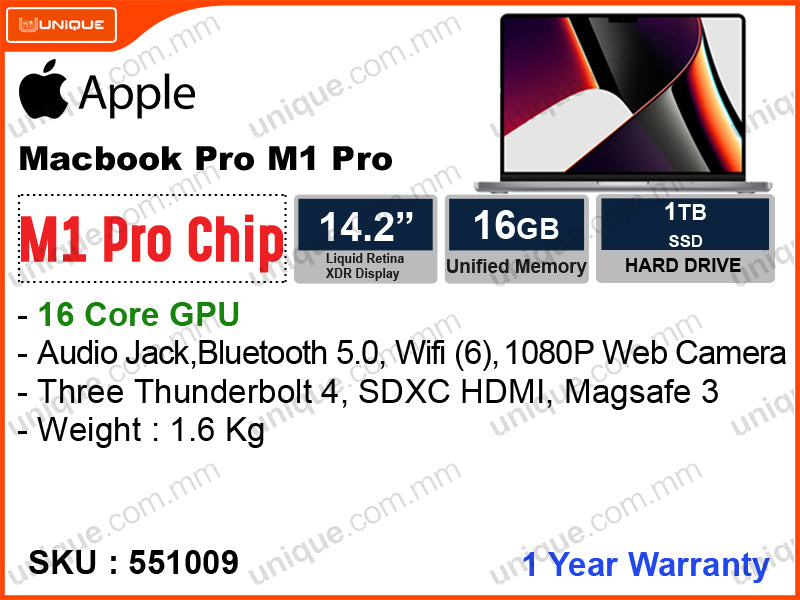 Apple Macbook Pro (2021) Space Gray (Apple M1 Pro Chip with 10 Core CPU, 16 Core GPU, 16GB, SSD 1TB, 14.2", Weight 1.6 Kg)