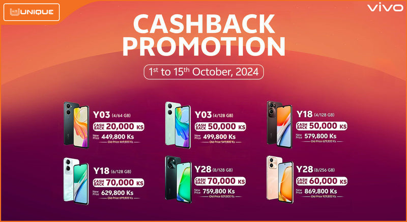 vivo စမတ်ဖုန်းဝယ်ယူပြီး Cash Back 70,000 Kyats အထိ အရယူလိုက်ပါ…😍