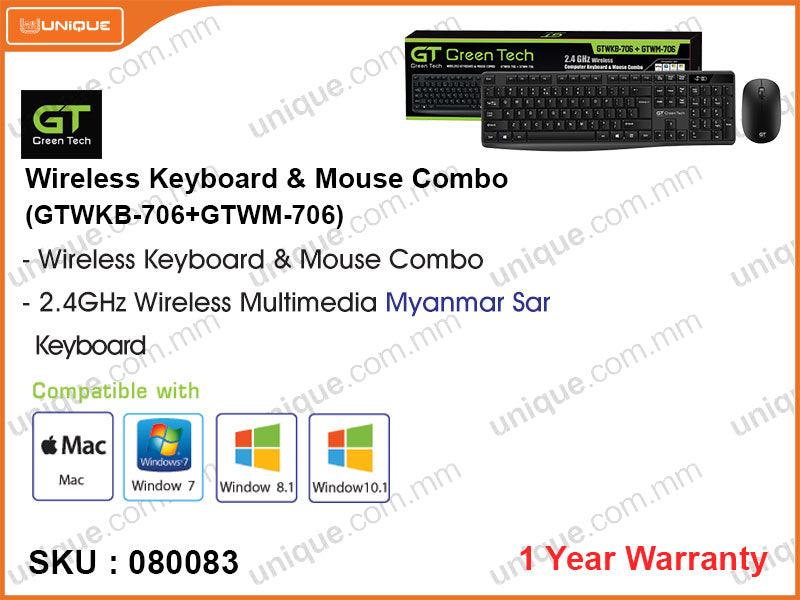 Green Tech GTWKB-706+GTWM-706 Wireless Keyboard & Mouse Combo (Black)