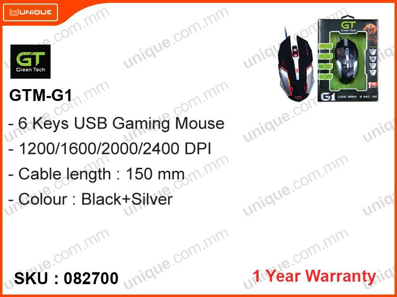 Gtm Computer Accessories Green Tech GTM-G1 USB Gaming Mouse (Black+Silver+LED) – unique.com.mm