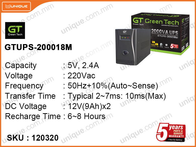 Green Tech 2000VA UPS GTUPS-200018M Metal (Battery 01 Year)
