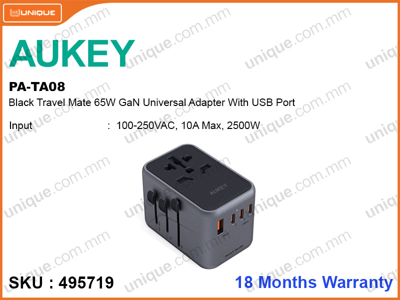 AUKEY PA-TA08 Black Travel Mate 65W GaN Universal Adapter With USB Port