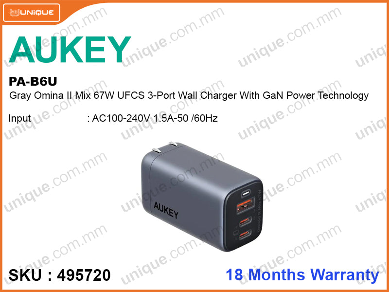 AUKEY PA-B6U Gray Omina II Mix 67W UFCS 3-Port Wall Charger With GaN Power Technology