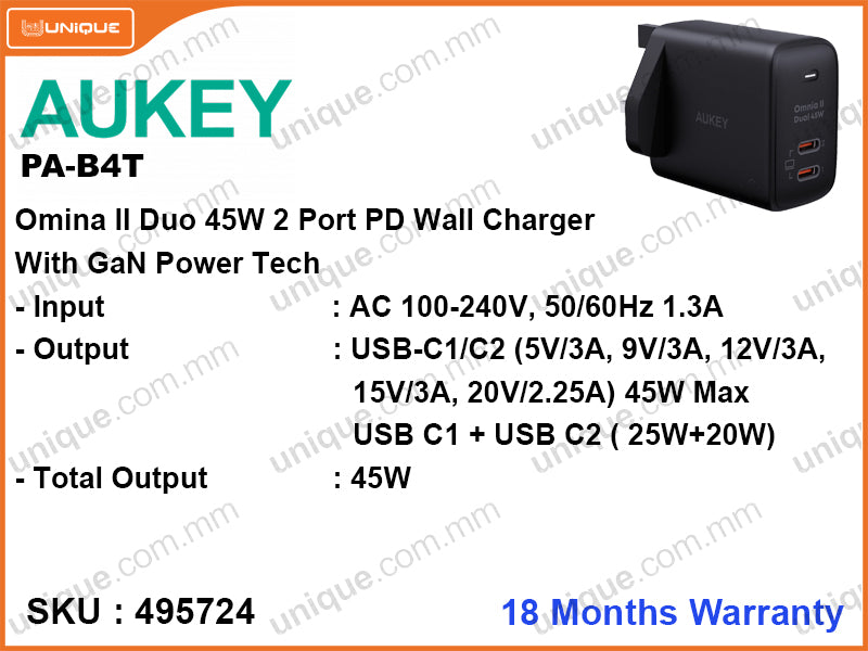 AUKEY PA-B4T White Omina II Duo 45W 2-Port PD Wall Charger With GaN Power Tech