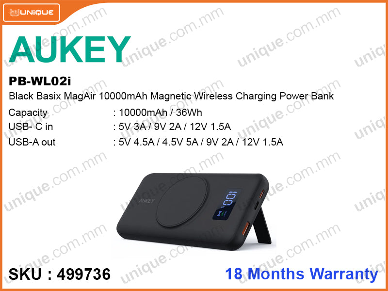 AUKEY PB-WL02i Black Basix MagAir 10000mAh Magnetic Wireless Charging Power Bank