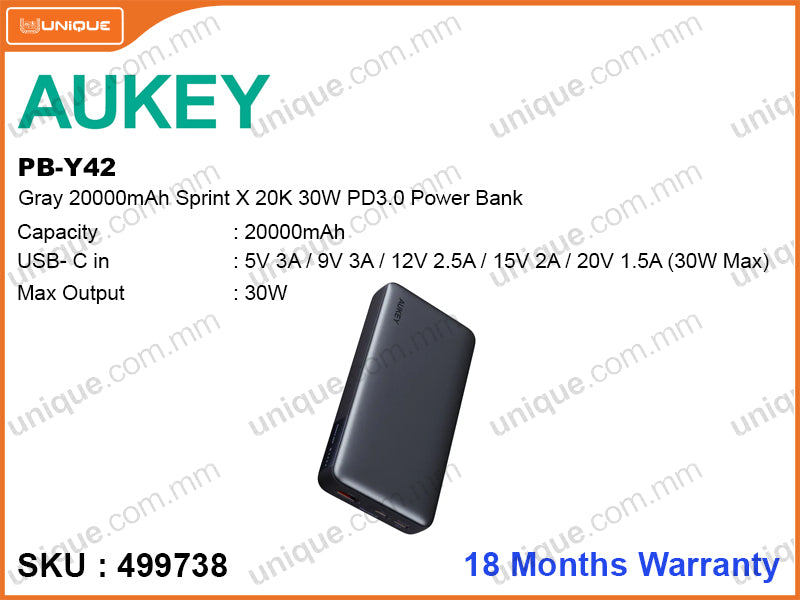 AUKEY PB-Y42 Gray 20000mAh Sprint X 20K 30W PD3.0 Power Bank