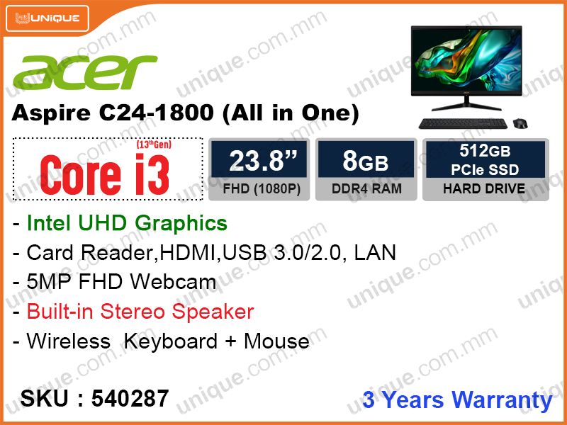 acer Aspire C24-1800 All in One (Intel Core i3-1305U , 8GB DDR4 3200MHz, PCIe M.2 SSD 512GB, 23.8" FHD (1920x1080), Wireless Keyboard & Mouse)