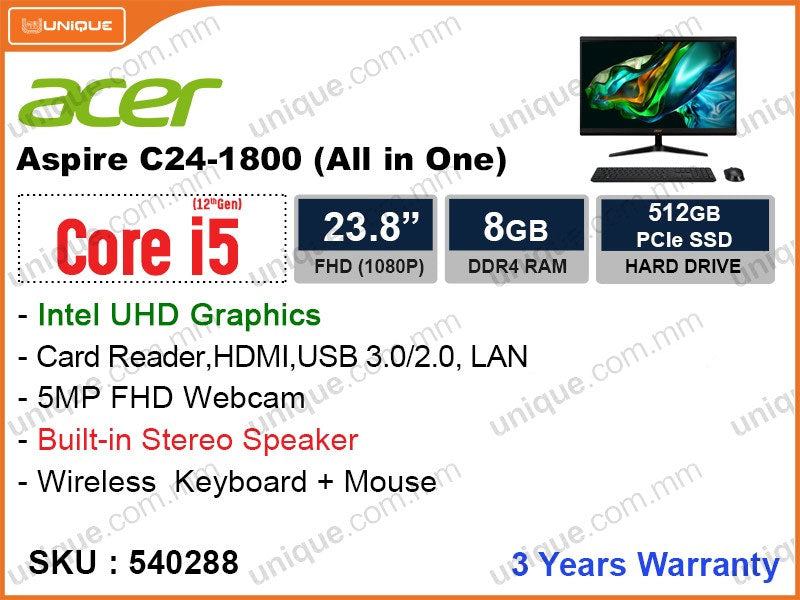 acer Aspire C24-1800 All in One (Intel Core i5-12450H, 8GB DDR4 3200MHz (upto 32GB), PCIe M.2 SSD 512GB, 23.8" FHD (1920x1080), Wireless Keyboard & Mouse)