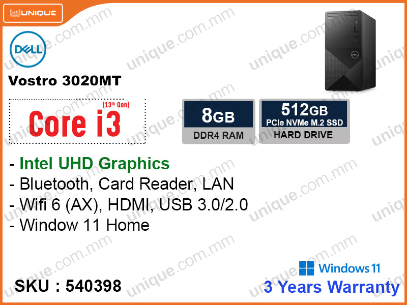DELL Vostro 3020MT (Intel Core i3-13100, 8GB DDR4 3200MHz, PCIe M.2 SSD 512GB, Window 11, DELL Keyboard & Mouse)