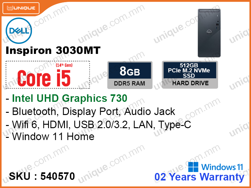 DELL Inspiron 3030MT Black (Intel Core i5-14400, 8GB DDR5 4800MHz (upto 64GB), PCIe M.2 SSD 512GB (upto 1TB, Sata 2.5"/3.5" slot), Window 11, DELL Keyboard & Mouse)