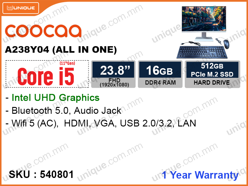 coocaa A238Y04 All in One (Intel Core i5-11260H, 16GB DDR4 3200MHz (1 slot free, upto 32GB), PCIe M.2 SSD 512GB (no slot), 23.8" FHD (1920x1080),Wireless Keyboard & Mouse)