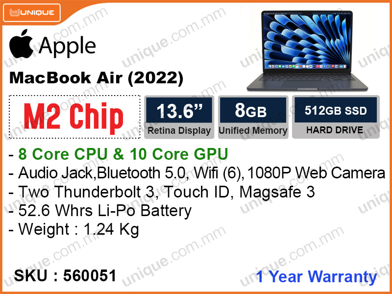 Apple MacBook Air (2022) (Apple M2 Chip with 8Core CPU, 10Core GPU, 8GB, 512GB, 13.6", Weight 1.24 Kg)