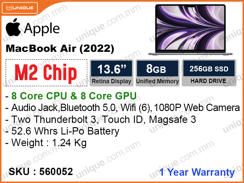 Apple MacBook Air (2022) (Apple M2 Chip with 8Core CPU, 8Core GPU, 8GB, 256GB, 13.6", Weight 1.24 Kg)