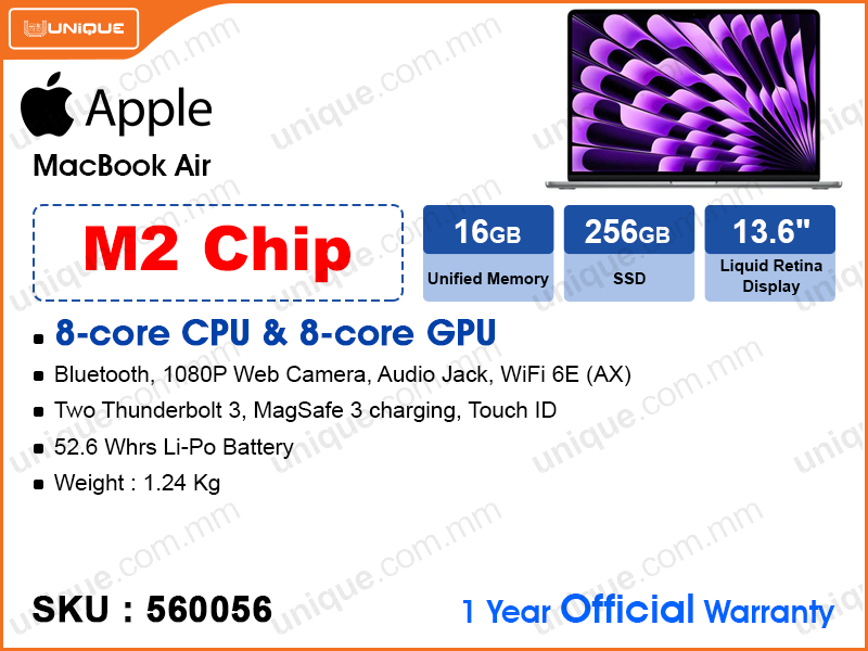 Apple MacBook Air (M2 Chip with 8-core CPU, 8-core GPU, 16GB, 256GB, 13.6", Weight 1.24 Kg)