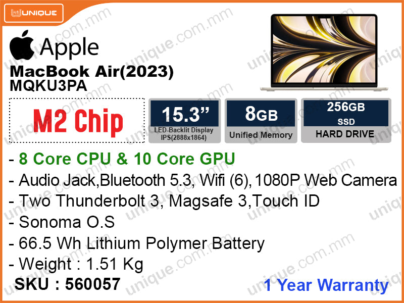 Apple MacBook Air (2023) (Apple M2 Chip with 8 Core CPU, 10Core GPU, 8GB, 256GB, 15.3", Weight 1.51 Kg)