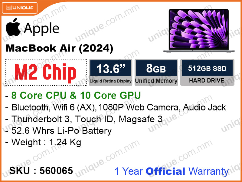 Apple MacBook Air (2024) MLXX3ZA/A Space Gray (M2 Chip with 8Core CPU, 10Core GPU, 8GB, 512GB, 13.6", Weight 1.24 Kg)