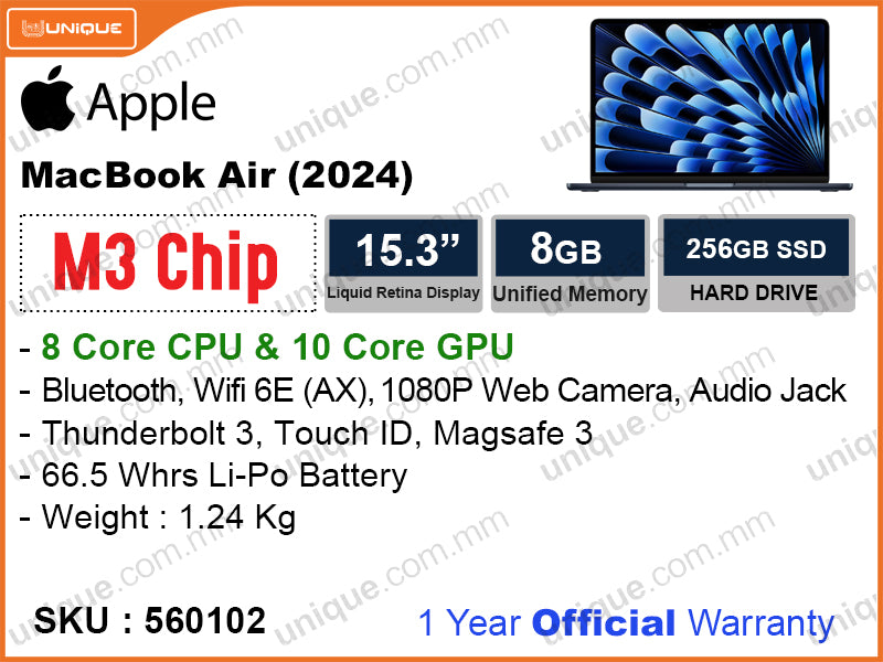 Apple MacBook Air (2024) MRYU3ZP/A (Apple M3 Chip with 8 Core CPU, 10Core GPU, 8GB, 256GB, 15.3")