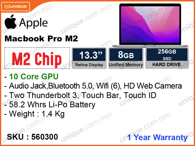 Apple MacBook Pro (2022) (Apple M2 Chip with 8Core CPU, 10Core GPU, 8GB, 256GB, 13.3", Weight 1.4 Kg)