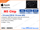Apple MacBook Pro (M5 Chip with 10-core CPU, 10-core GPU, 16GB, 512GB, 14.2", Weight 1.24 Kg)