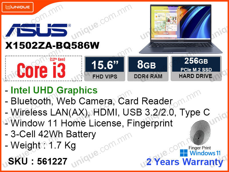 ASUS Vivobook X1502ZA-BQ586W Quiet Blue (Intel Core i3-1215U, 8GB DDR4 3200MHz (1 slot free), PCIe M.2 SSD 256GB, Window 11, 15.6" FHD 1920x1080, Weight 1.7 Kg)