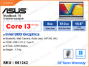 ASUS VivoBook 15 X1504VA-NJ2526W Cool Silver (Intel Core i3-1315U, 8GB DDR4 3200MHz (onboard + 1 slot free, up to 16GB), PCIe Gen 3 M.2 SSD 512GB (no slot free), Window 11, 15.6" FHD (1920x1080), Weight 1.7 Kg)
