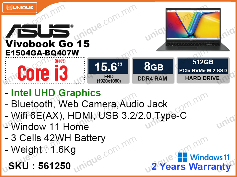 ASUS Vivobook Go 15 E1504GA-BQ407W Mixed Black (Intel Core i3-N305, 8GB DDR4, PCIe M.2 SSD 512GB, Window 11, 15.6" FHD (1920x1080), Weight 1.6 Kg)