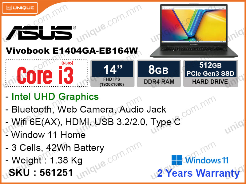 ASUS Vivobook E1404GA-EB164W Mixed Black (Intel Core i3-N305, 8GB DDR4 3200MHz, PCIe Gen 3 M.2 SSD 512GB, Window 11, 14" FHD 1920x1080, Weight 1.38kg)