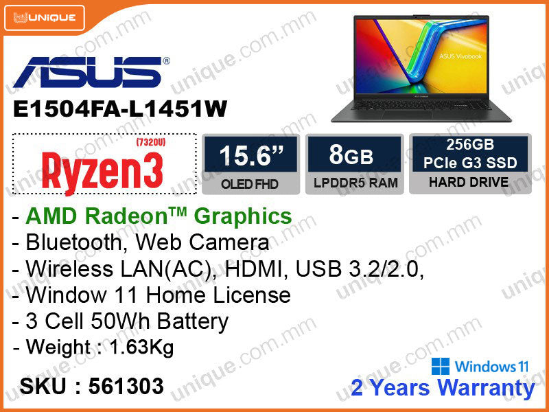 ASUS Vivobook E1504FA-L1451W Mixed Black ( AMD Ryzen 3-7320U , 8GB DDR5 5500MHz , PCIe SSD 256GB , Window 11, 15.6" OLED FHD 1920x1080 weight 1.63kg )