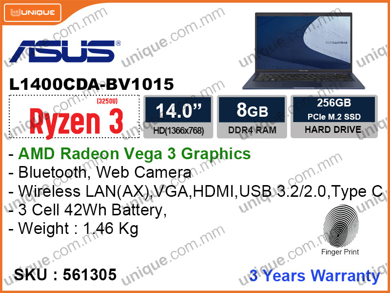 ASUS Expert Book L1400CDA-BV1015 Star Black (AMD Ryzen3-3250U, 8GB DDR4 3200MHz (Onboard 4GB + 4GB), PCIe M.2 SSD 256GB (HDD Slot free), 14" HD 1366x768, Weight 1.46 Kg)